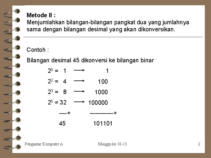 Metode II : Menjumlahkan bilangan-bilangan pangkat dua yang jumlahnya sama dengan bilangan desimal yang