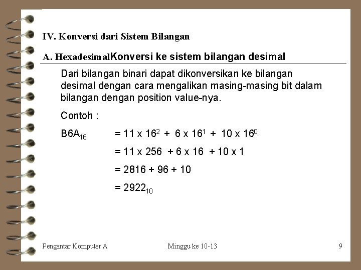 IV. Konversi dari Sistem Bilangan A. Hexadesimal. Konversi ke sistem bilangan desimal Dari bilangan