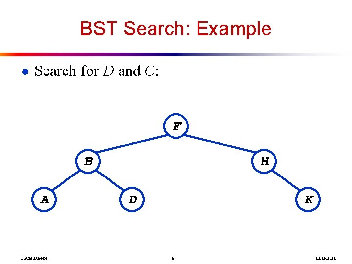 BST Search: Example ● Search for D and C: F B A David Luebke