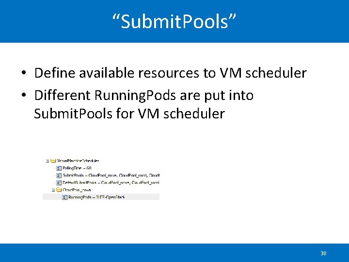 “Submit. Pools” • Define available resources to VM scheduler • Different Running. Pods are
