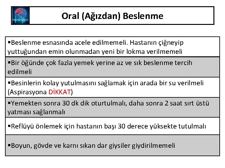 Oral (Ağızdan) Beslenme §Beslenme esnasında acele edilmemeli. Hastanın çiğneyip yuttuğundan emin olunmadan yeni bir