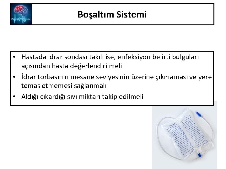 Boşaltım Sistemi • Hastada idrar sondası takılı ise, enfeksiyon belirti bulguları açısından hasta değerlendirilmeli