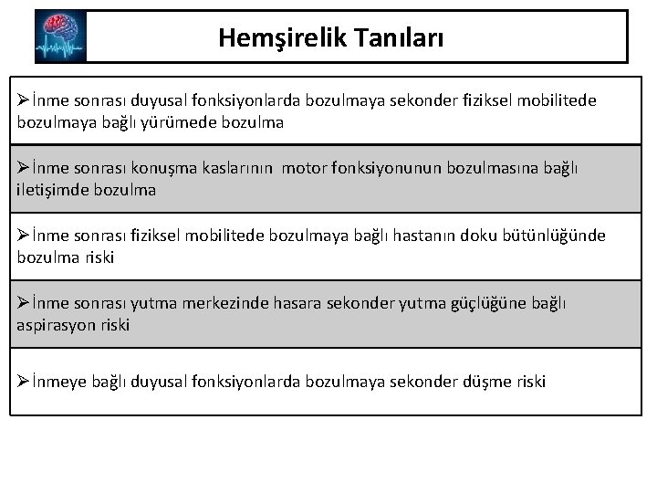 Hemşirelik Tanıları Øİnme sonrası duyusal fonksiyonlarda bozulmaya sekonder fiziksel mobilitede bozulmaya bağlı yürümede bozulma