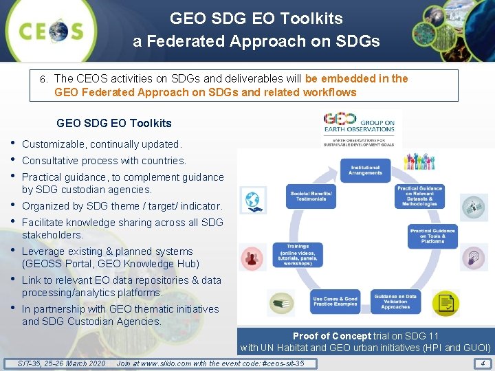 GEO SDG EO Toolkits a Federated Approach on SDGs 6. The CEOS activities on