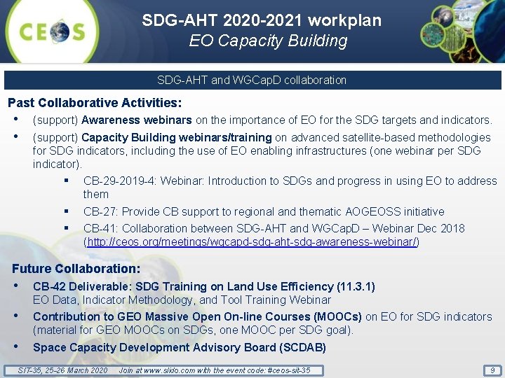 SDG-AHT 2020 -2021 workplan EO Capacity Building SDG-AHT and WGCap. D collaboration Past Collaborative
