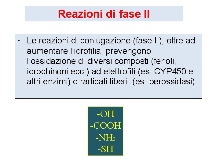 Reazioni di fase II Le reazioni di coniugazione (fase II), oltre ad aumentare l’idrofilia,