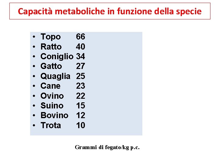 Capacità metaboliche in funzione della specie • • • Topo Ratto Coniglio Gatto Quaglia