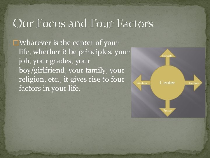 Our Focus and Four Factors �Whatever is the center of your life, whether it