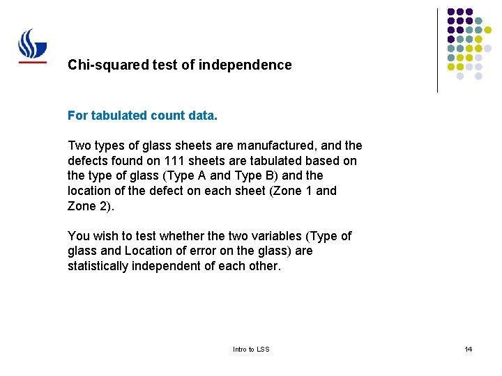 Chi-squared test of independence For tabulated count data. Two types of glass sheets are