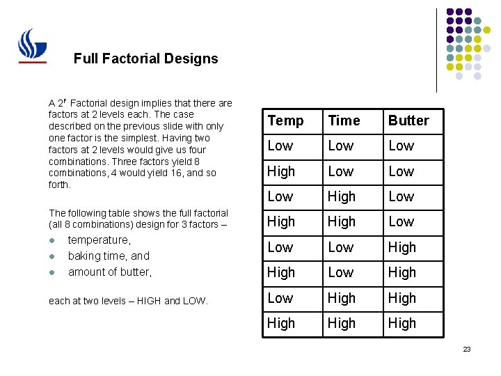 Full Factorial Designs A 2 F Factorial design implies that there are factors at