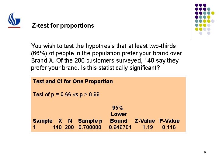 Z-test for proportions You wish to test the hypothesis that at least two-thirds (66%)