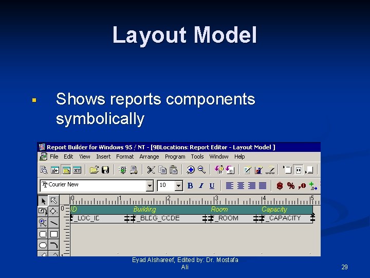 Layout Model § Shows reports components symbolically Eyad Alshareef, Edited by: Dr. Mostafa Ali