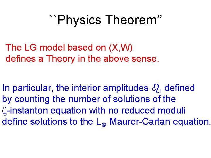 ``Physics Theorem’’ The LG model based on (X, W) defines a Theory in the