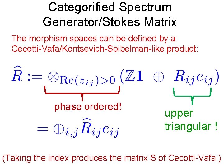 Categorified Spectrum Generator/Stokes Matrix The morphism spaces can be defined by a Cecotti-Vafa/Kontsevich-Soibelman-like product: