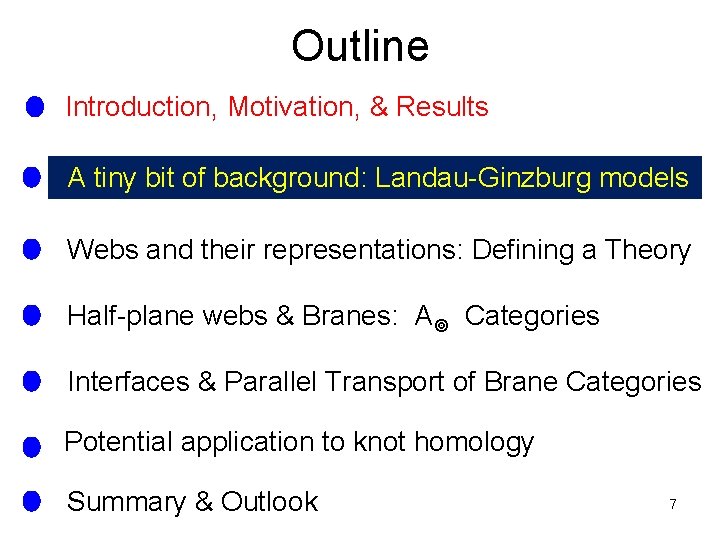 Outline Introduction, Motivation, & Results A tiny bit of background: Landau-Ginzburg models Webs and