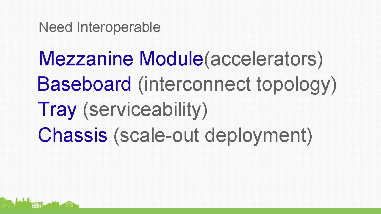Need Interoperable Mezzanine Module(accelerators) Baseboard (interconnect topology) Tray (serviceability) Chassis (scale-out deployment) 