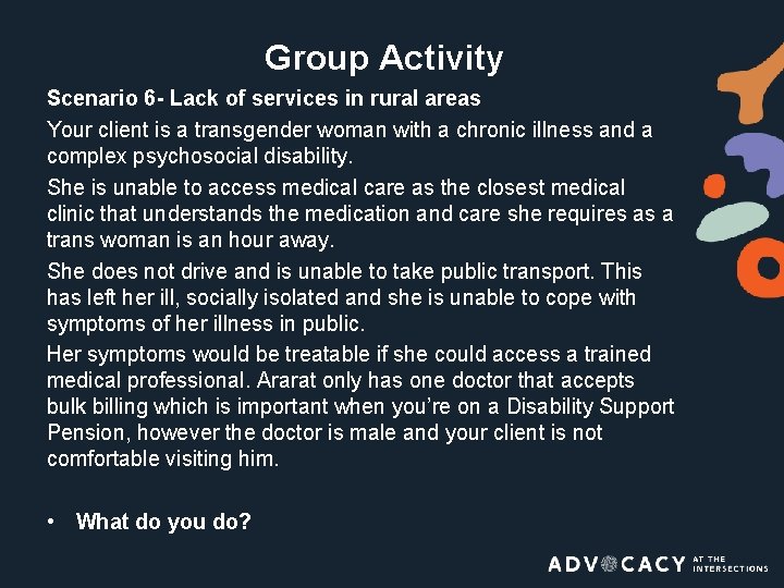 Group Activity Scenario 6 - Lack of services in rural areas Your client is