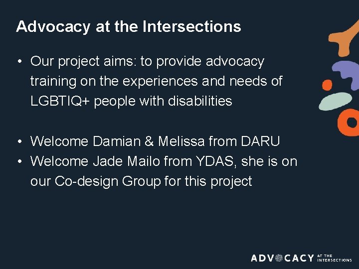 Advocacy at the Intersections • Our project aims: to provide advocacy training on the