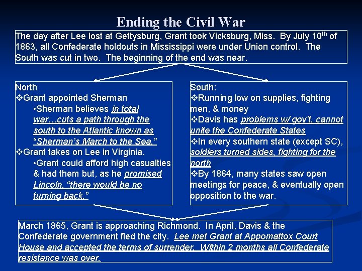 Ending the Civil War The day after Lee lost at Gettysburg, Grant took Vicksburg,