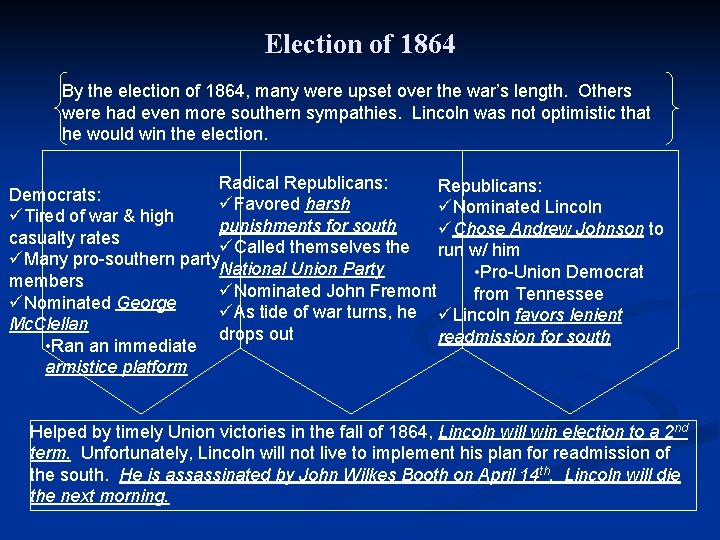 Election of 1864 By the election of 1864, many were upset over the war’s