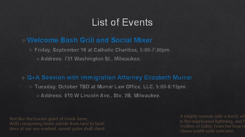 List of Events Welcome Bash Grill and Social Mixer Friday, September 18 at Catholic