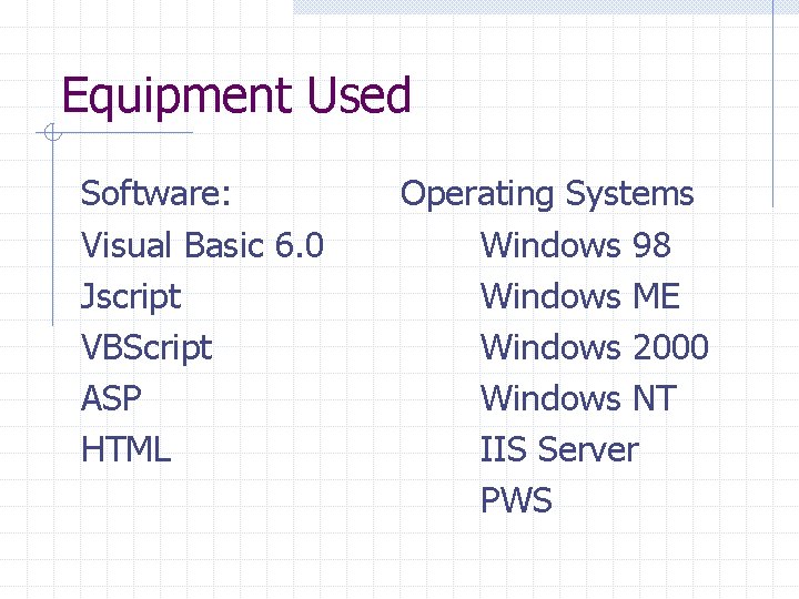 Equipment Used Software: Visual Basic 6. 0 Jscript VBScript ASP HTML Operating Systems Windows