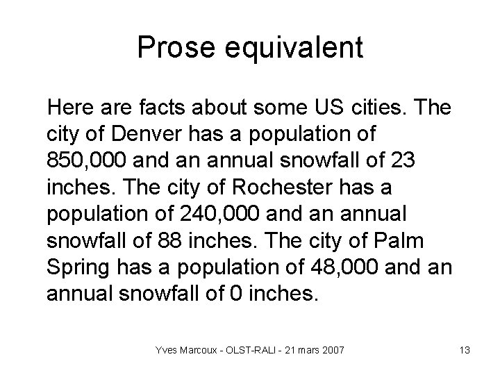 Prose equivalent Here are facts about some US cities. The city of Denver has