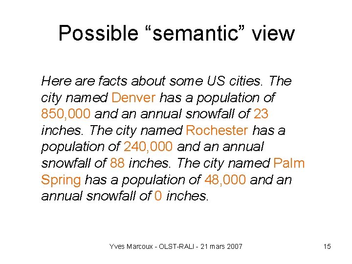 Possible “semantic” view Here are facts about some US cities. The city named Denver