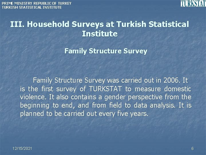 PRIME MINISTRY REPUBLIC OF TURKEY TURKISH STATISTICAL INSTITUTE III. Household Surveys at Turkish Statistical