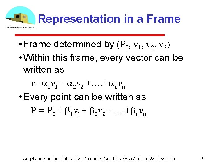 Representation in a Frame • Frame determined by (P 0, v 1, v 2,