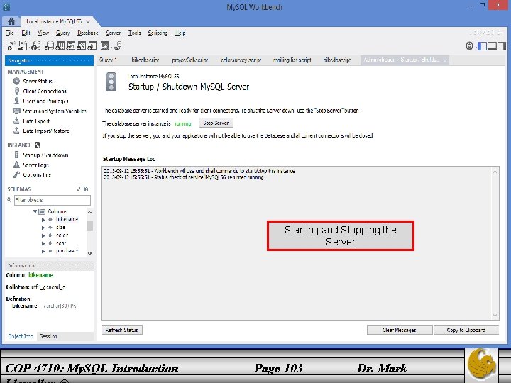 Starting and Stopping the Server COP 4710: My. SQL Introduction Page 103 Dr. Mark
