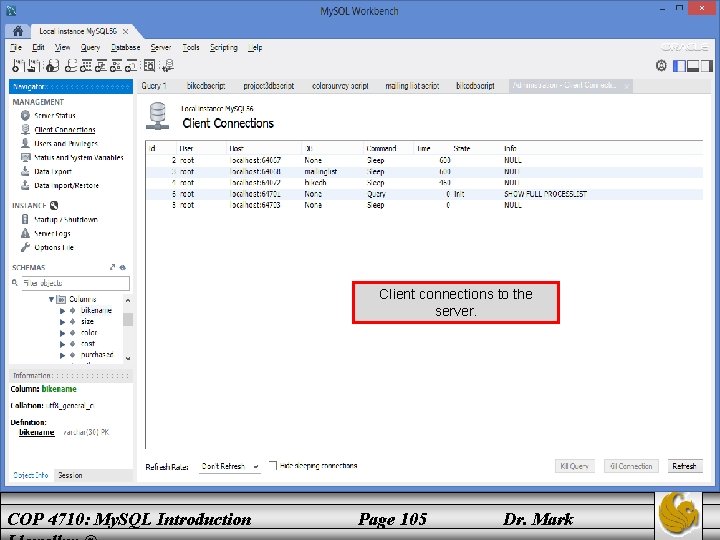 Client connections to the server. COP 4710: My. SQL Introduction Page 105 Dr. Mark