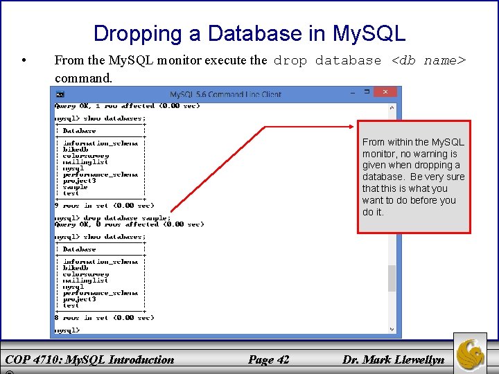 Dropping a Database in My. SQL • From the My. SQL monitor execute the