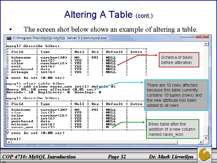 Altering A Table (cont. ) • The screen shot below shows an example of