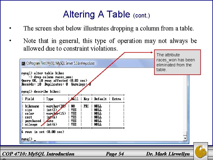 Altering A Table (cont. ) • The screen shot below illustrates dropping a column