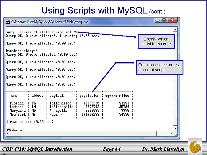 Using Scripts with My. SQL (cont. ) Specify which script to execute Results of