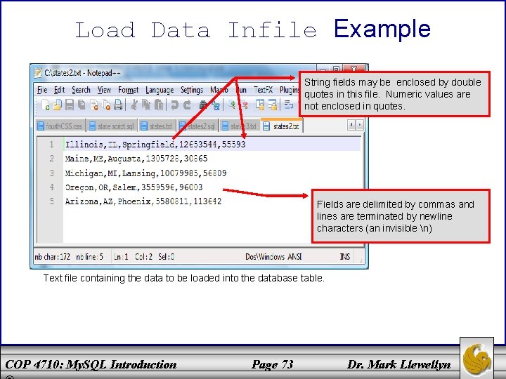 Load Data Infile Example String fields may be enclosed by double quotes in this