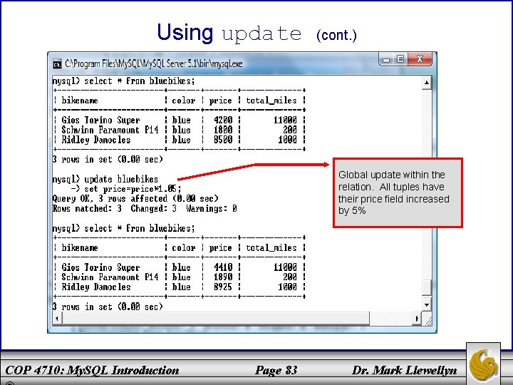 Using update (cont. ) Global update within the relation. All tuples have their price