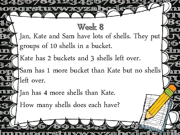 Week 8 Jan, Kate and Sam have lots of shells. They put groups of Week 8 Jan, Kate and Sam have lots of shells. They put groups of