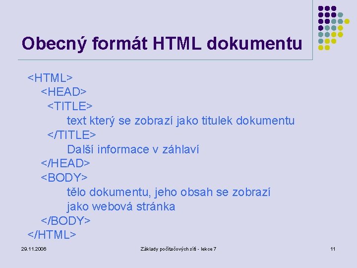 Obecný formát HTML dokumentu <HTML> <HEAD> <TITLE> text který se zobrazí jako titulek dokumentu