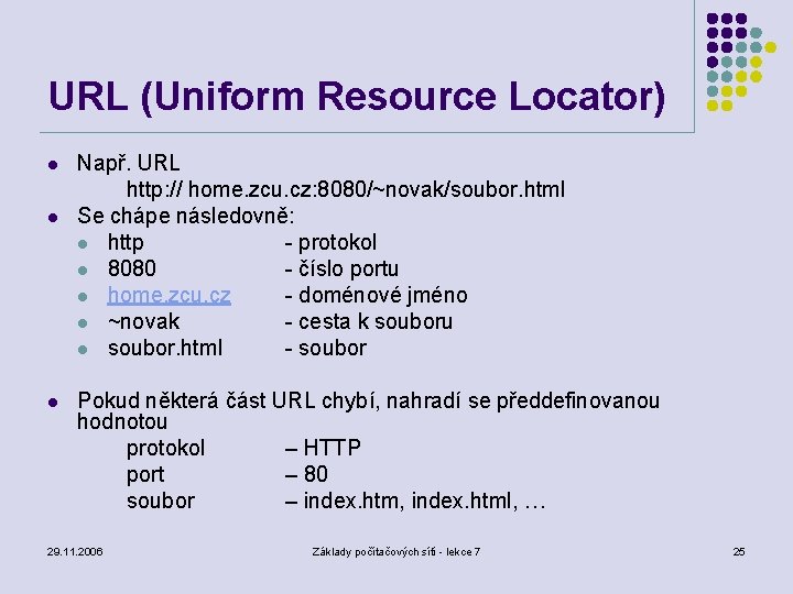 URL (Uniform Resource Locator) l l l Např. URL http: // home. zcu. cz: