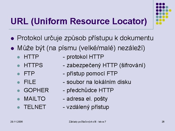 URL (Uniform Resource Locator) l l Protokol určuje způsob přístupu k dokumentu Může být