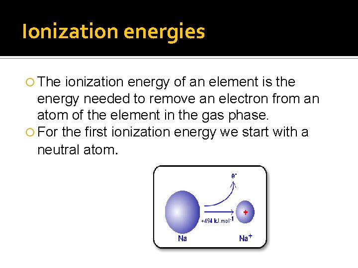 Ionization energies The ionization energy of an element is the energy needed to remove