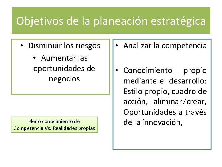 Objetivos de la planeación estratégica • Disminuir los riesgos • Aumentar las oportunidades de