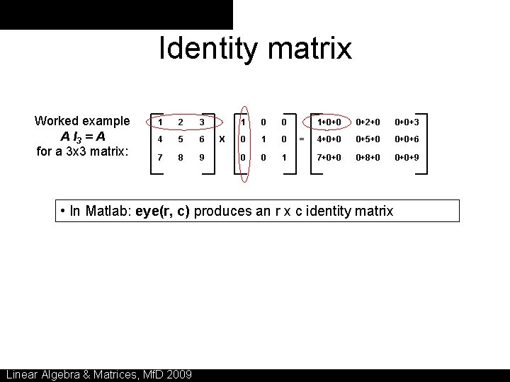 Identity matrix Worked example A I 3 = A for a 3 x 3