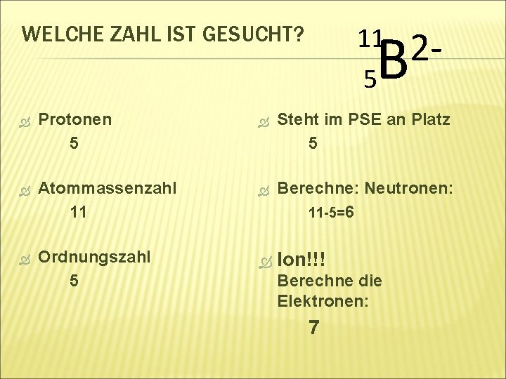 2 B 11 5 WELCHE ZAHL IST GESUCHT? Protonen 5 Steht im PSE an
