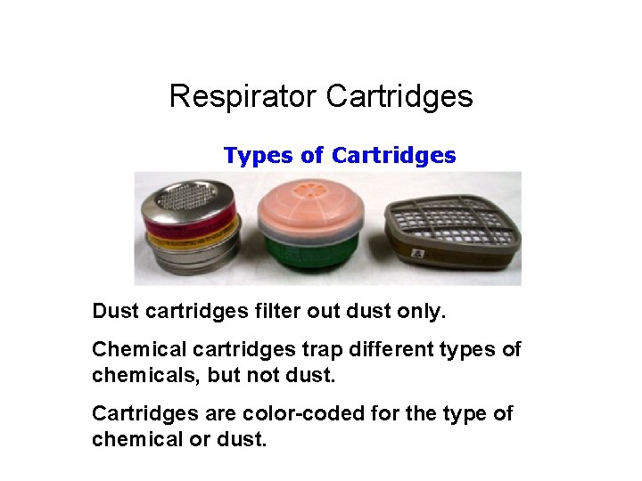 Respirator Cartridges Types of Cartridges Dust cartridges filter out dust only. Chemical cartridges trap