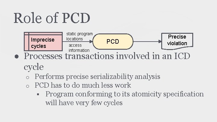 Role of PCD Imprecise cycles static program locations access information PCD Precise violation ●