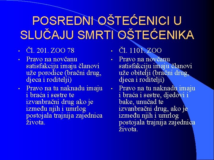 POSREDNI OŠTEĆENICI U SLUČAJU SMRTI OŠTEĆENIKA • • • Čl. 201. ZOO 78 Pravo