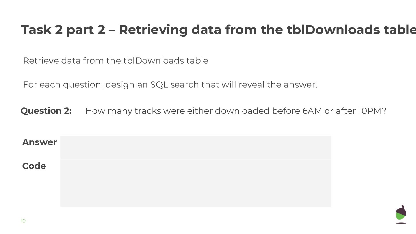 Task 2 part 2 – Retrieving data from the tbl. Downloads table Retrieve data